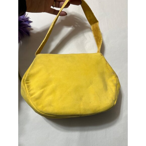 Vintage 1960s Yellow Suede & Fabric Handbag With Gold Clasp - Picture 7 of 16
